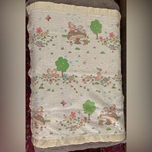 Cannon Mills Satin Trim Baby Blanket Mushrooms Bears Butterflies 45x 40” Read